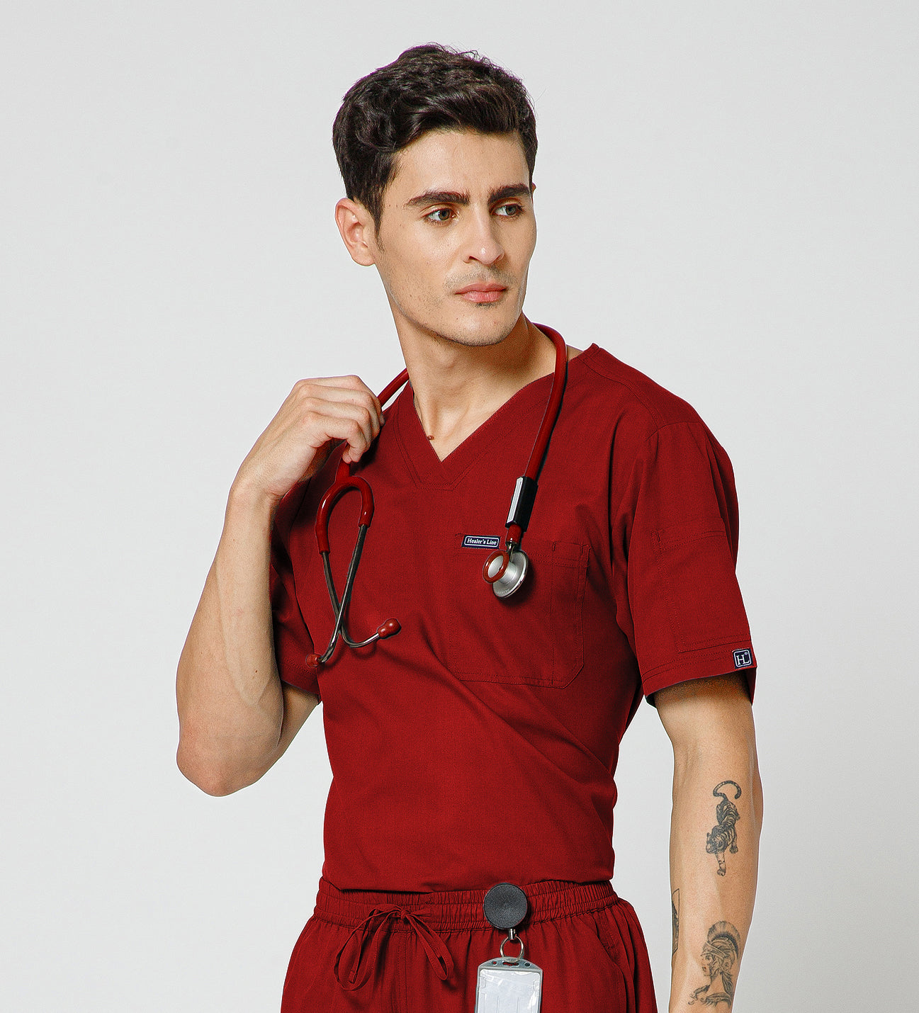 Healer's Line Classic Men’s V-Neck Scrub Top (Red)