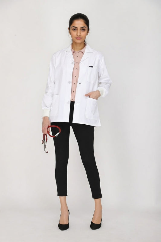 Women's Lab Coat Apron (Button Closure) Full Sleeve with Knit Cuffs - Length 28"