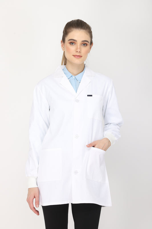 Women's Lab Coat Apron (Button Closure) Full Sleeve with Knit Cuffs - Length 32"