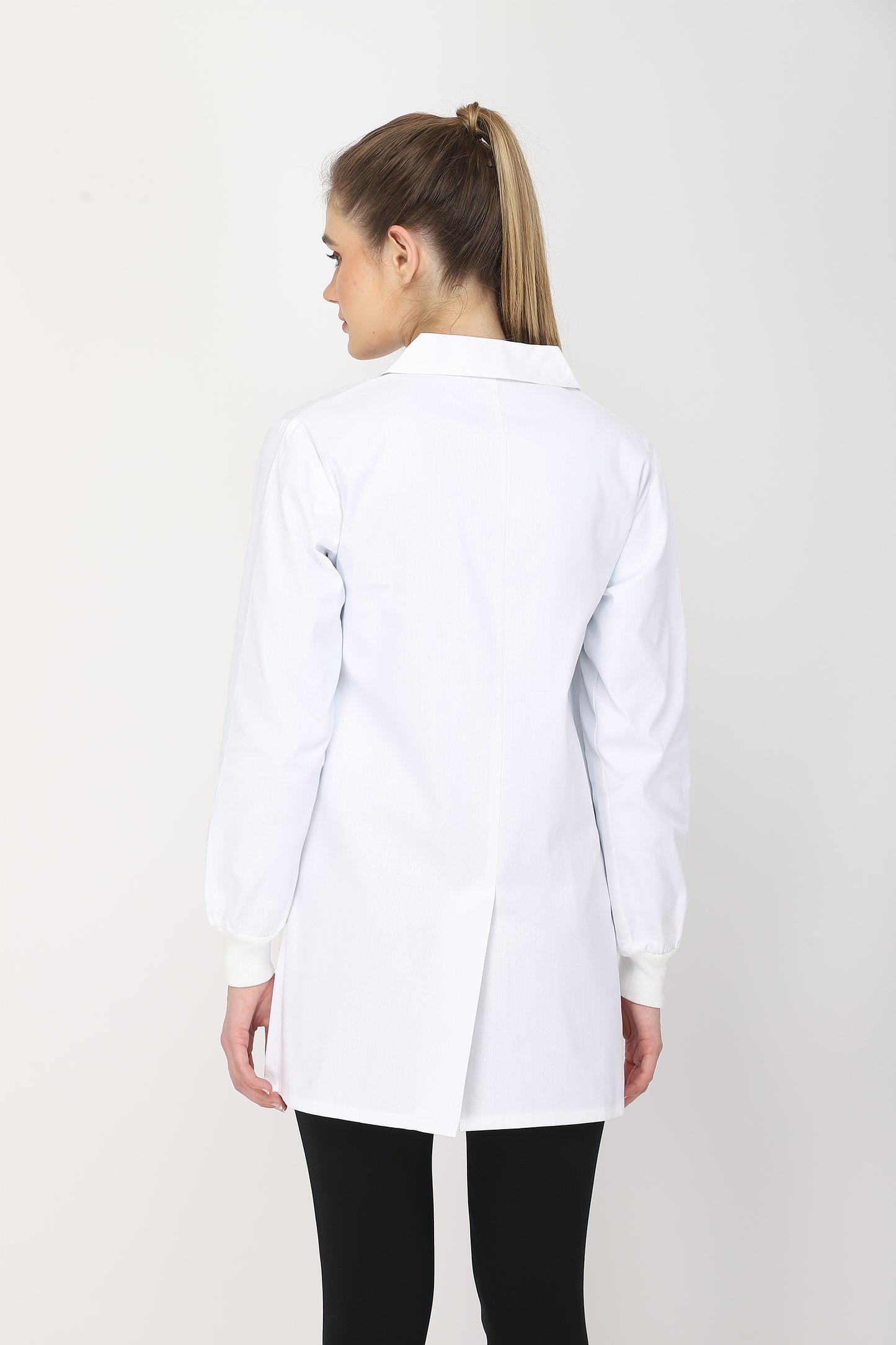 Women's Lab Coat Apron (Button Closure) Full Sleeve with Knit Cuffs - Length 32"
