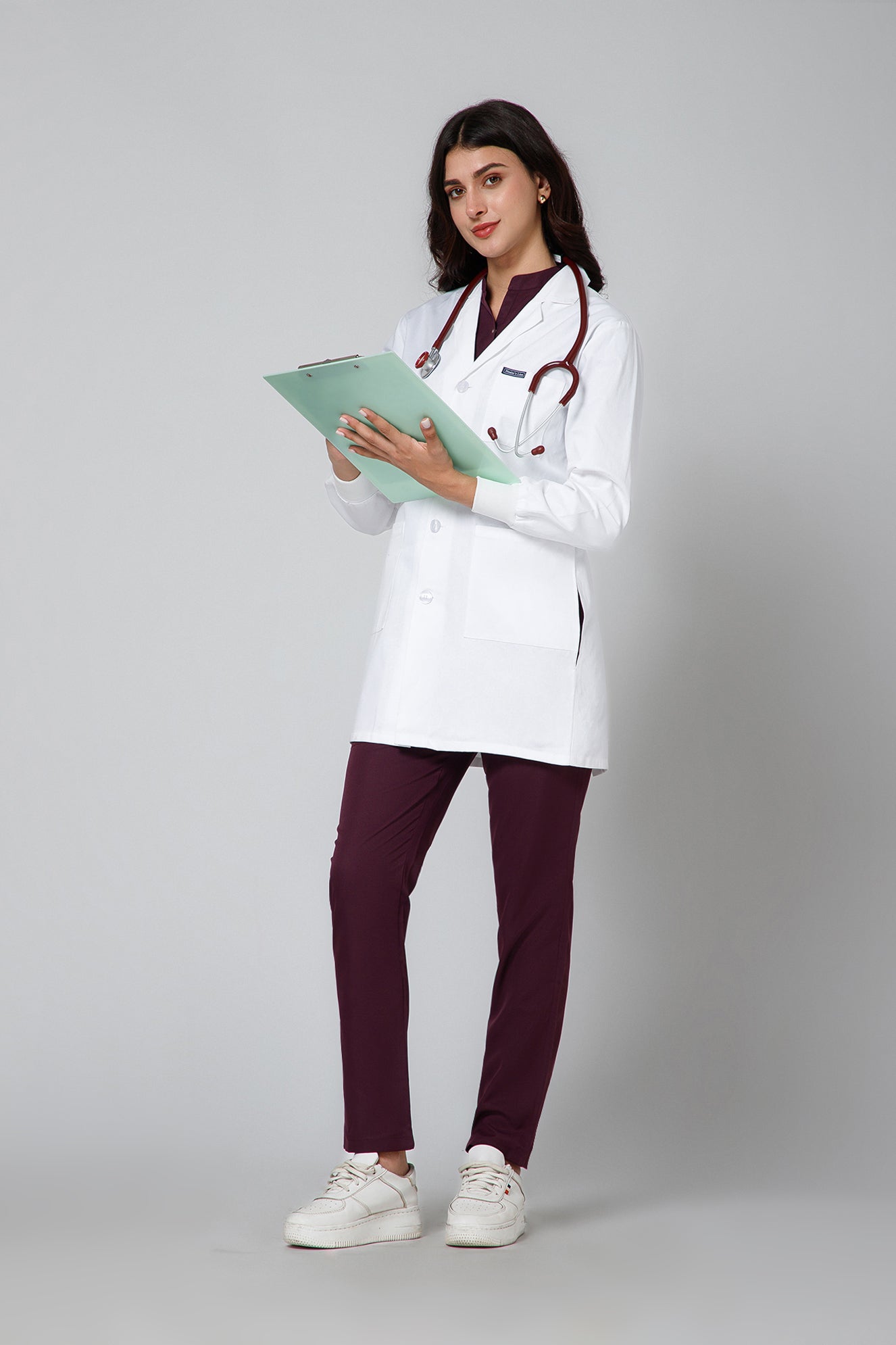 Women's Lab Coat Apron (Button Closure) Full Sleeve with Knit Cuffs - Length 32"