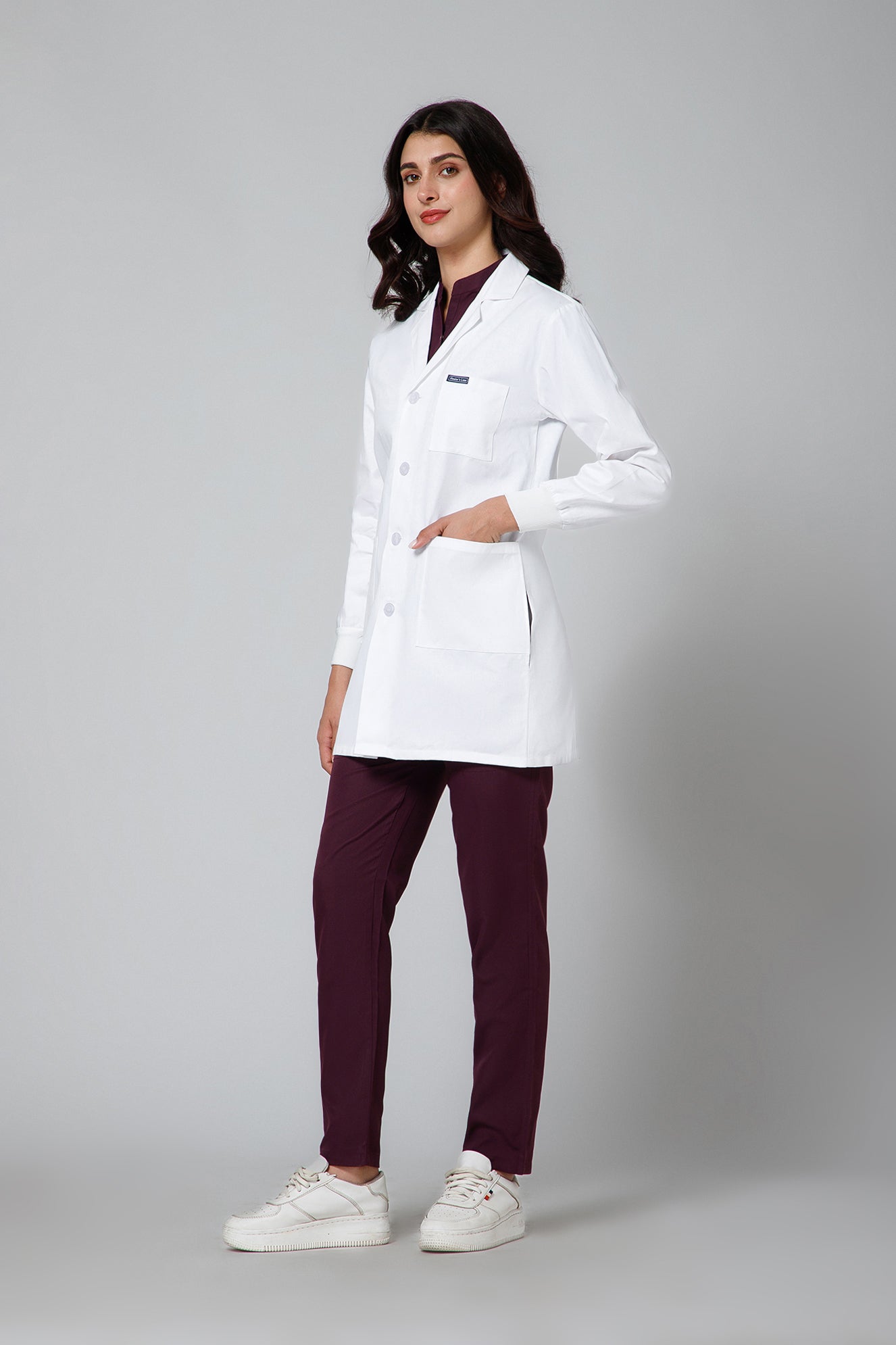 Women's Lab Coat Apron (Button Closure) Full Sleeve with Knit Cuffs - Length 32"