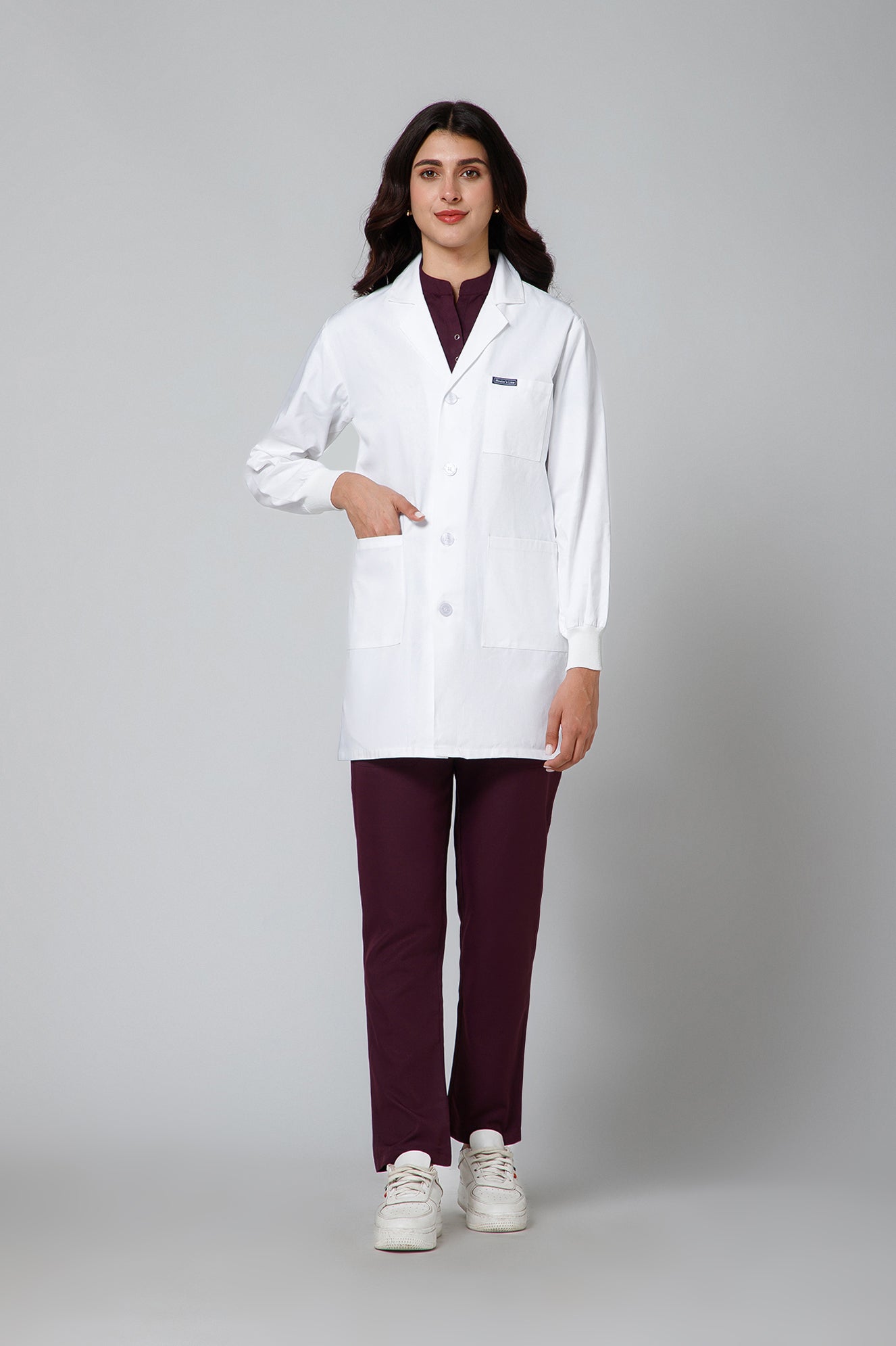 Women's Lab Coat Apron (Button Closure) Full Sleeve with Knit Cuffs - Length 32"