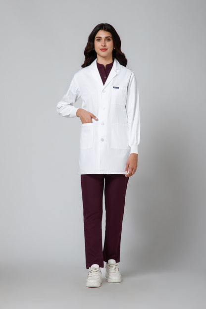 Women's Lab Coat Apron (Button Closure) Full Sleeve with Knit Cuffs - Length 32"