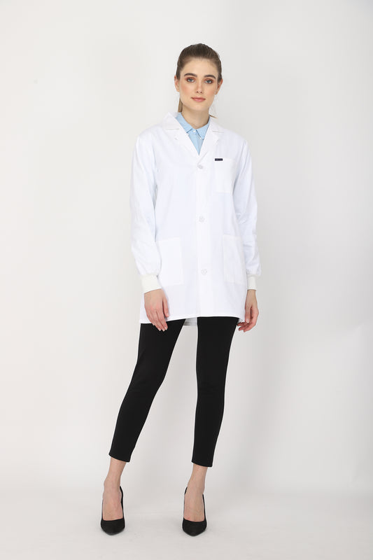 Women's Lab Coat Apron (Button Closure) Full Sleeve with Knit Cuffs - Length 32"