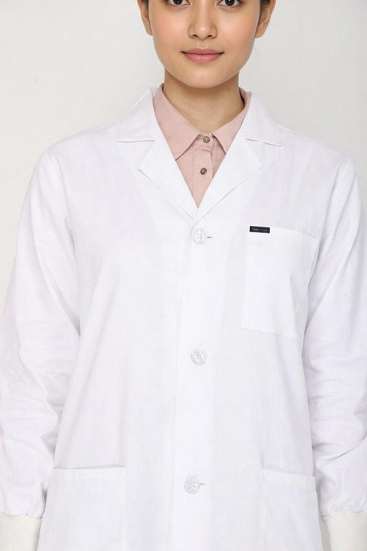 Women's Lab Coat Apron (Button Closure) Full Sleeve with Knit Cuffs - Length 35"