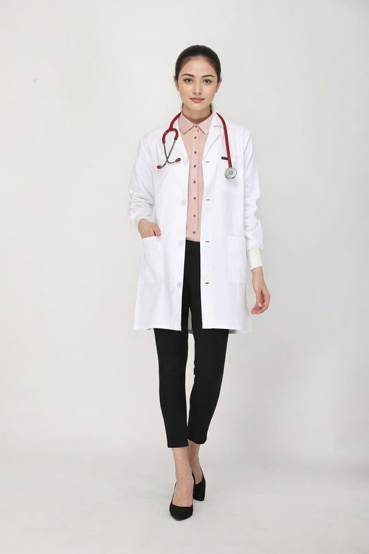 Women's Lab Coat Apron (Button Closure) Full Sleeve with Knit Cuffs - Length 35"