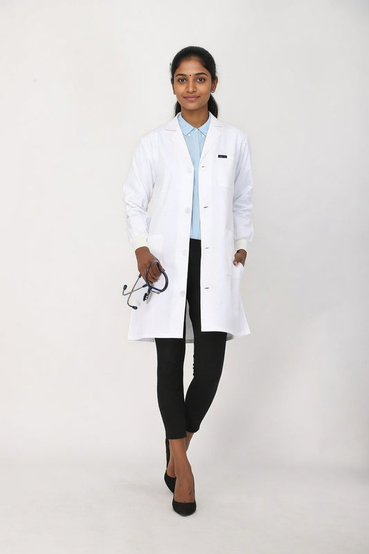 Women's Lab Coat Apron (Button Closure) Full Sleeve with Knit Cuffs - Length 37"
