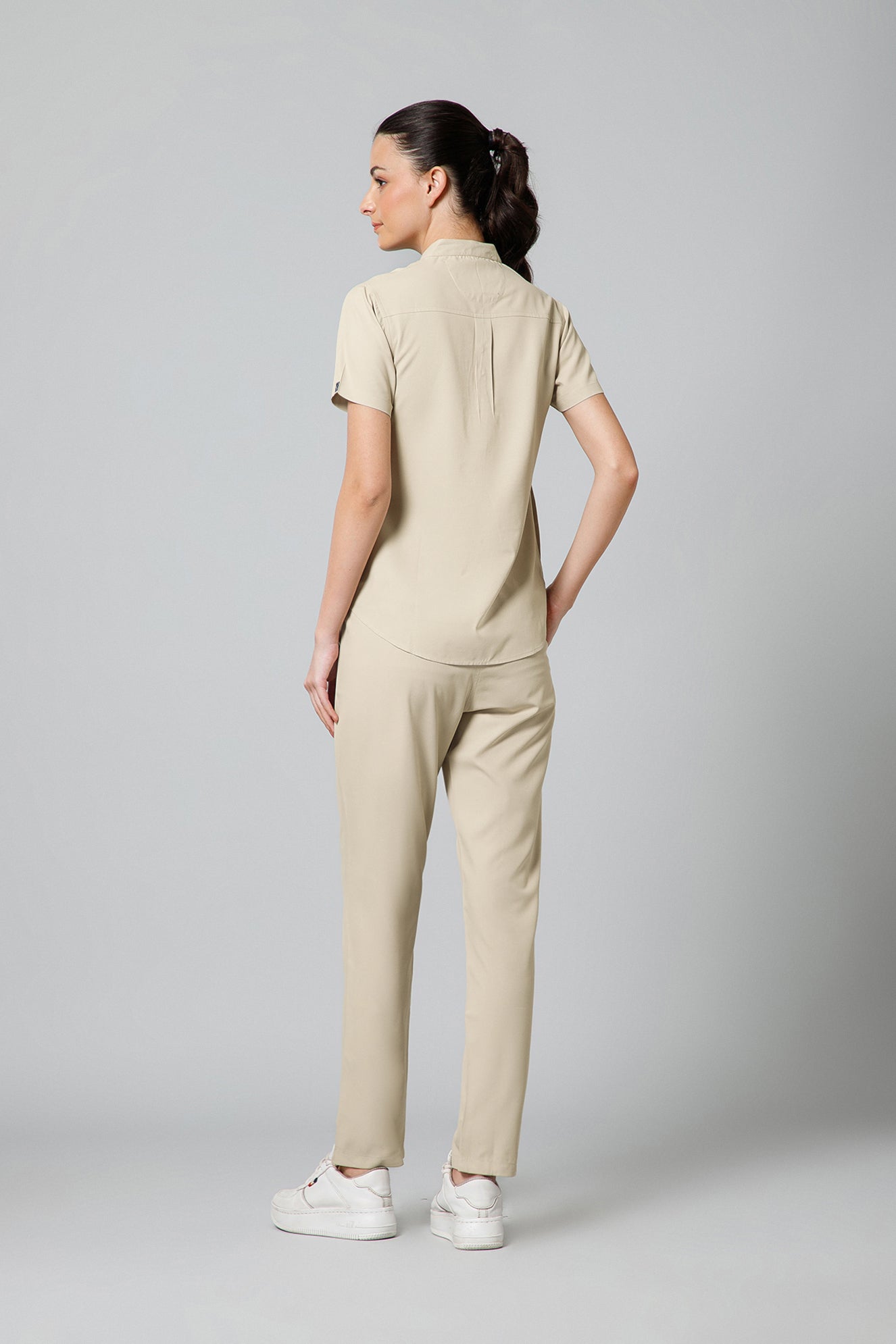 Women’s Mandarin Collar Scrub Suit (Beige) LFP Fabric