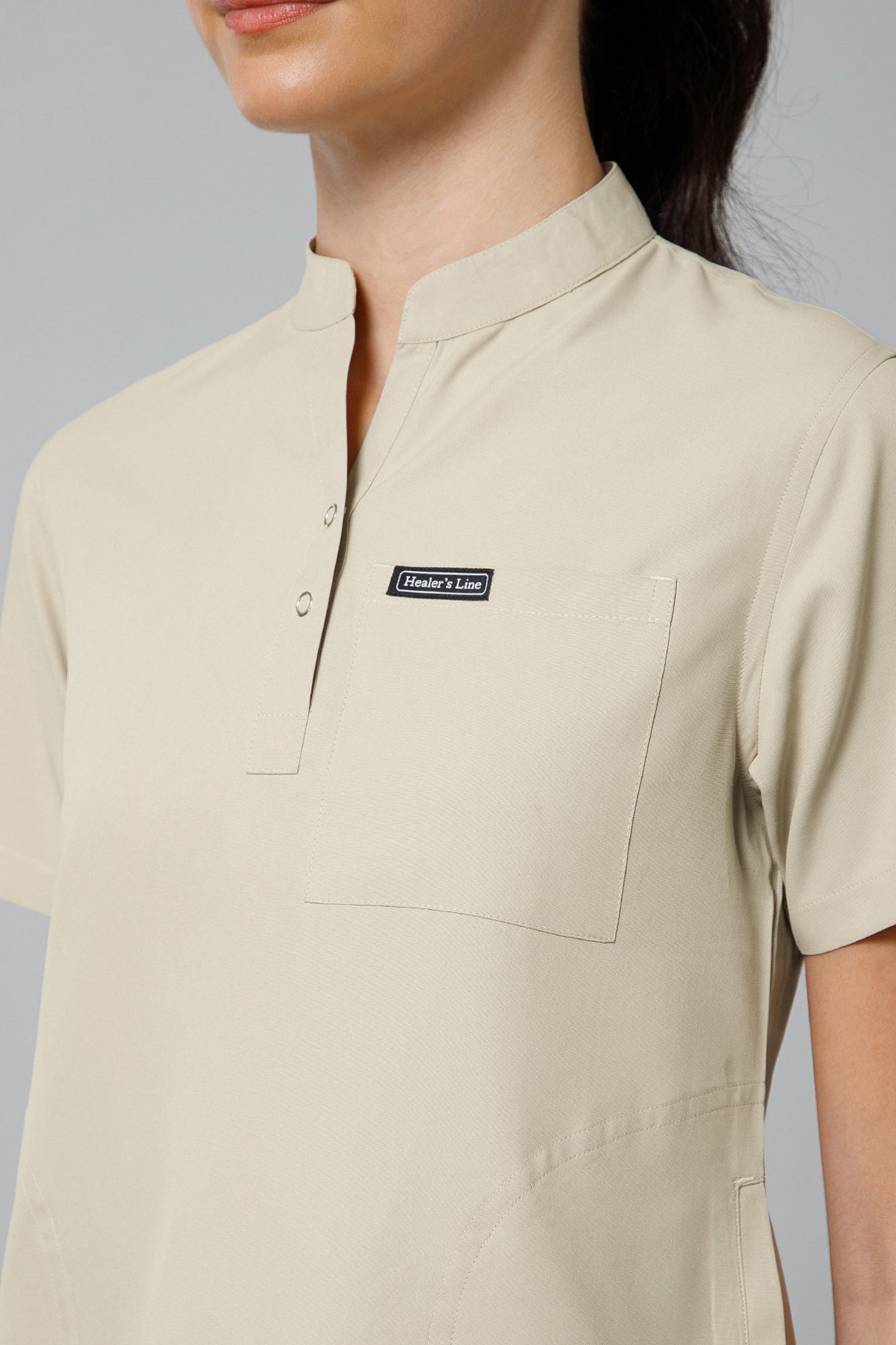 Women’s Mandarin Collar Scrub Suit (Beige) LFP Fabric