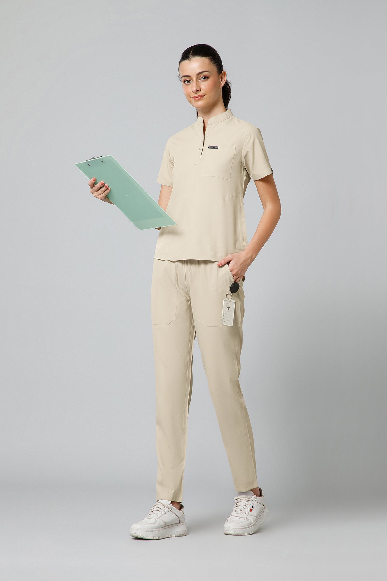Women’s Mandarin Collar Scrub Suit (Beige) LFP Fabric