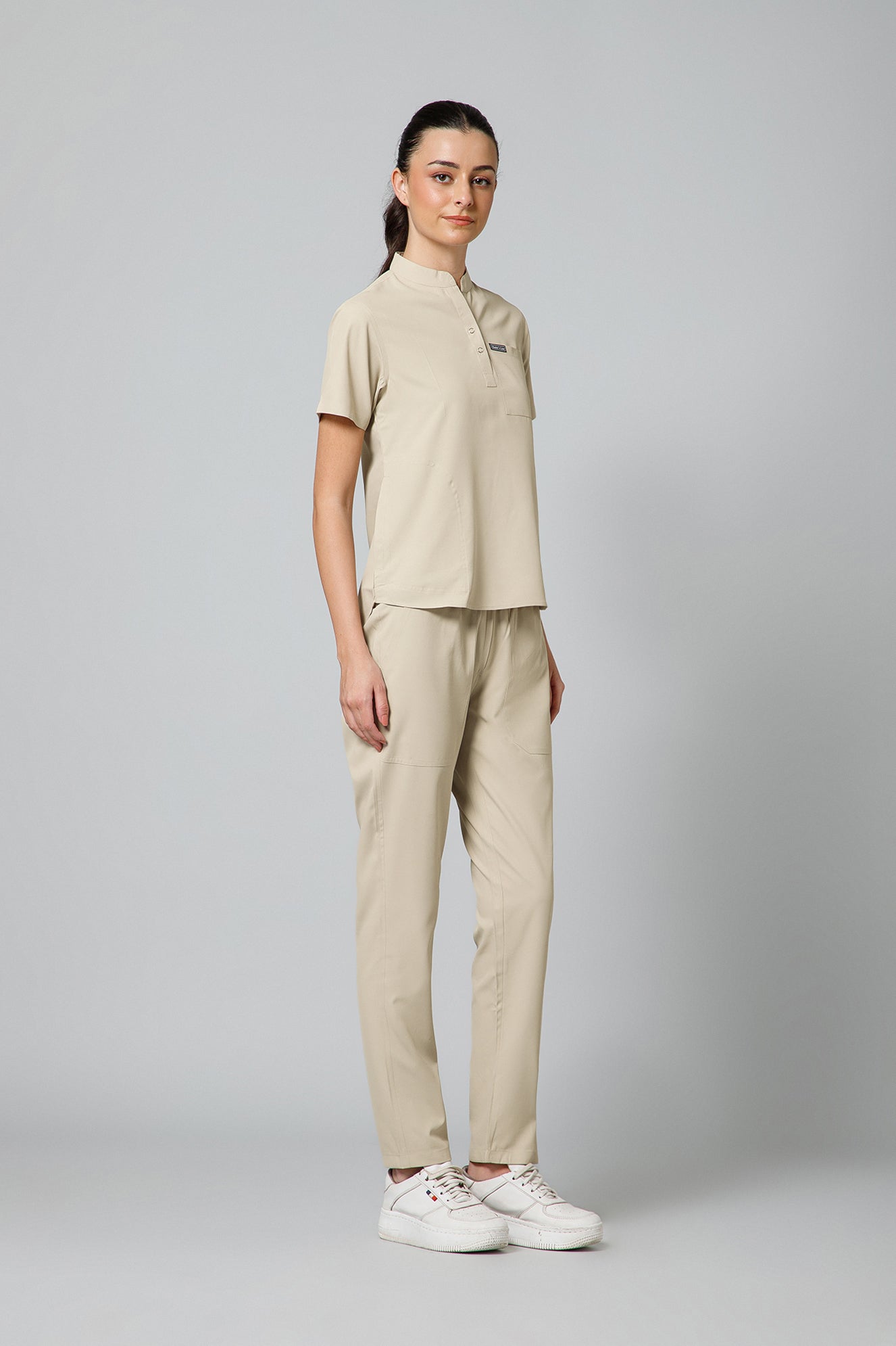 Women’s Mandarin Collar Scrub Suit (Beige) LFP Fabric