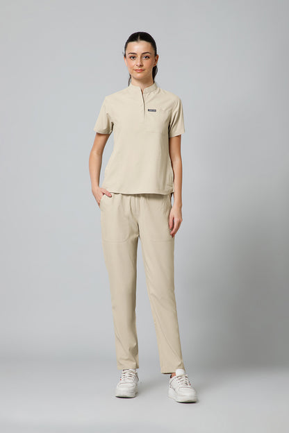 Women’s Mandarin Collar Scrub Suit (Beige) LFP Fabric