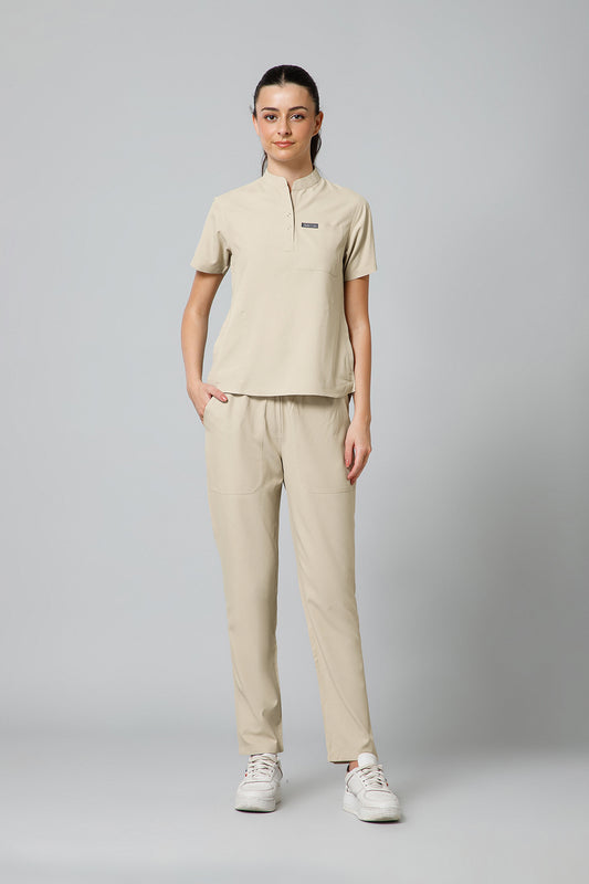 Women’s Mandarin Collar Scrub Suit (Beige) LFP Fabric