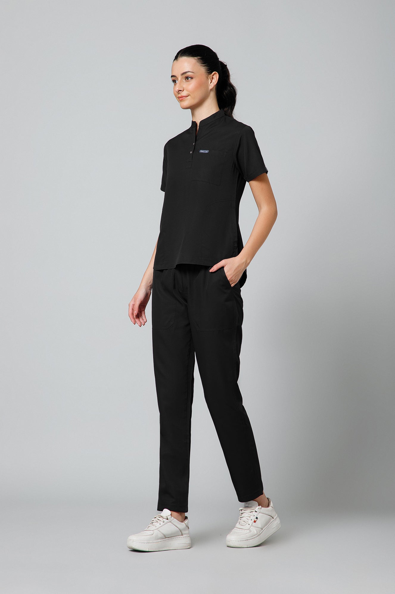 Women’s Mandarin Collar Scrub Suit (Black) LFP Fabric