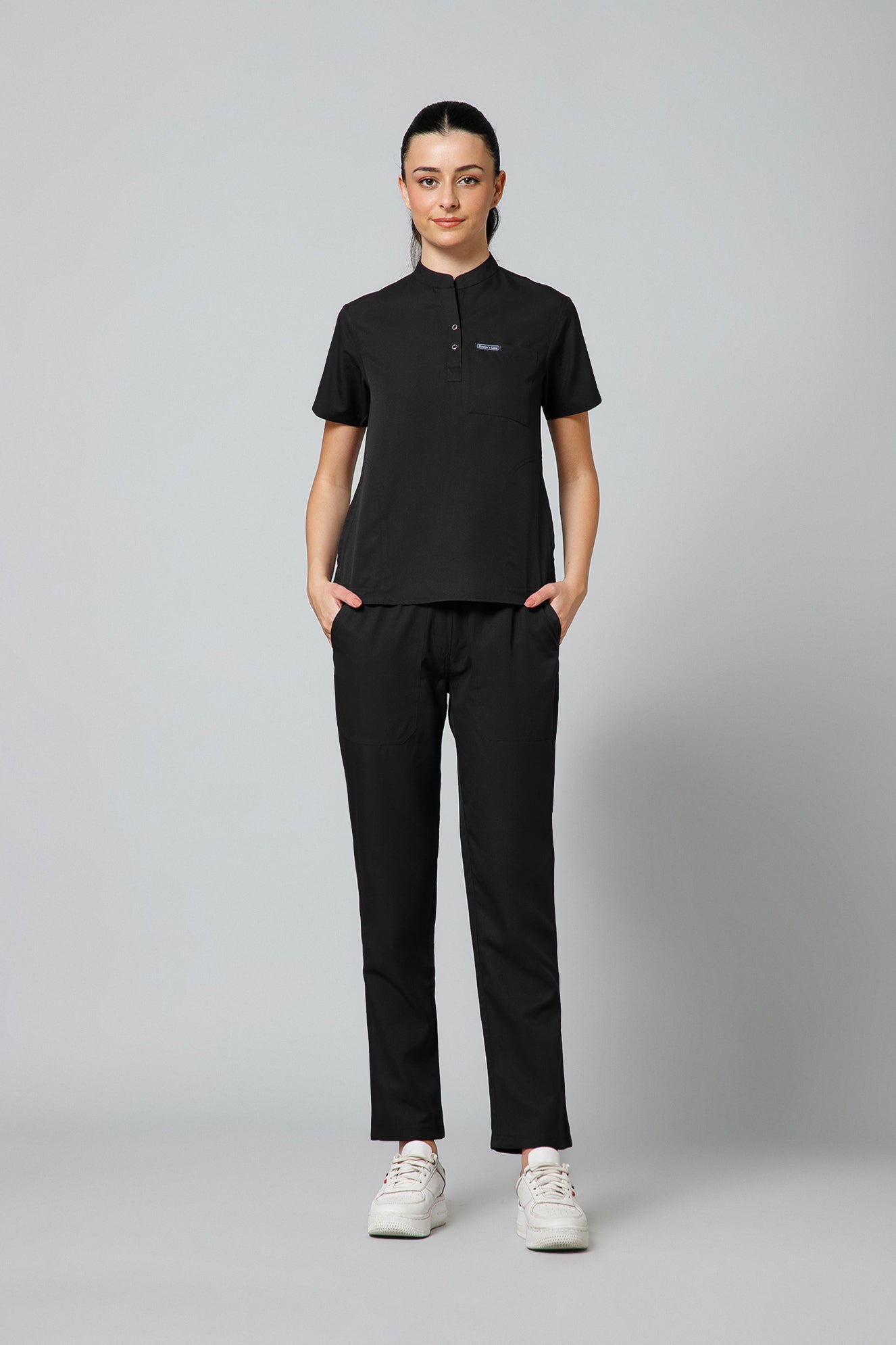Women’s Mandarin Collar Scrub Suit (Black) LFP Fabric
