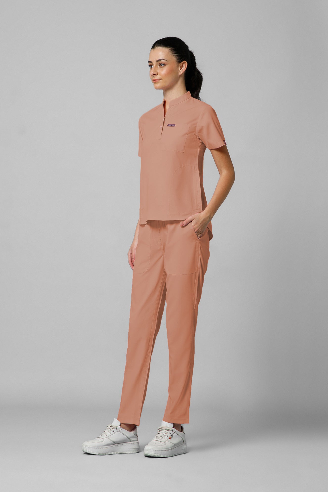 Women’s Mandarin Collar Scrub Suit (Peach) LFP Fabric