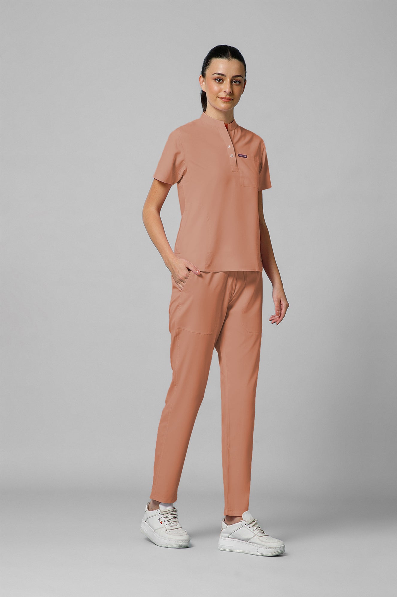 Women’s Mandarin Collar Scrub Suit (Peach) LFP Fabric