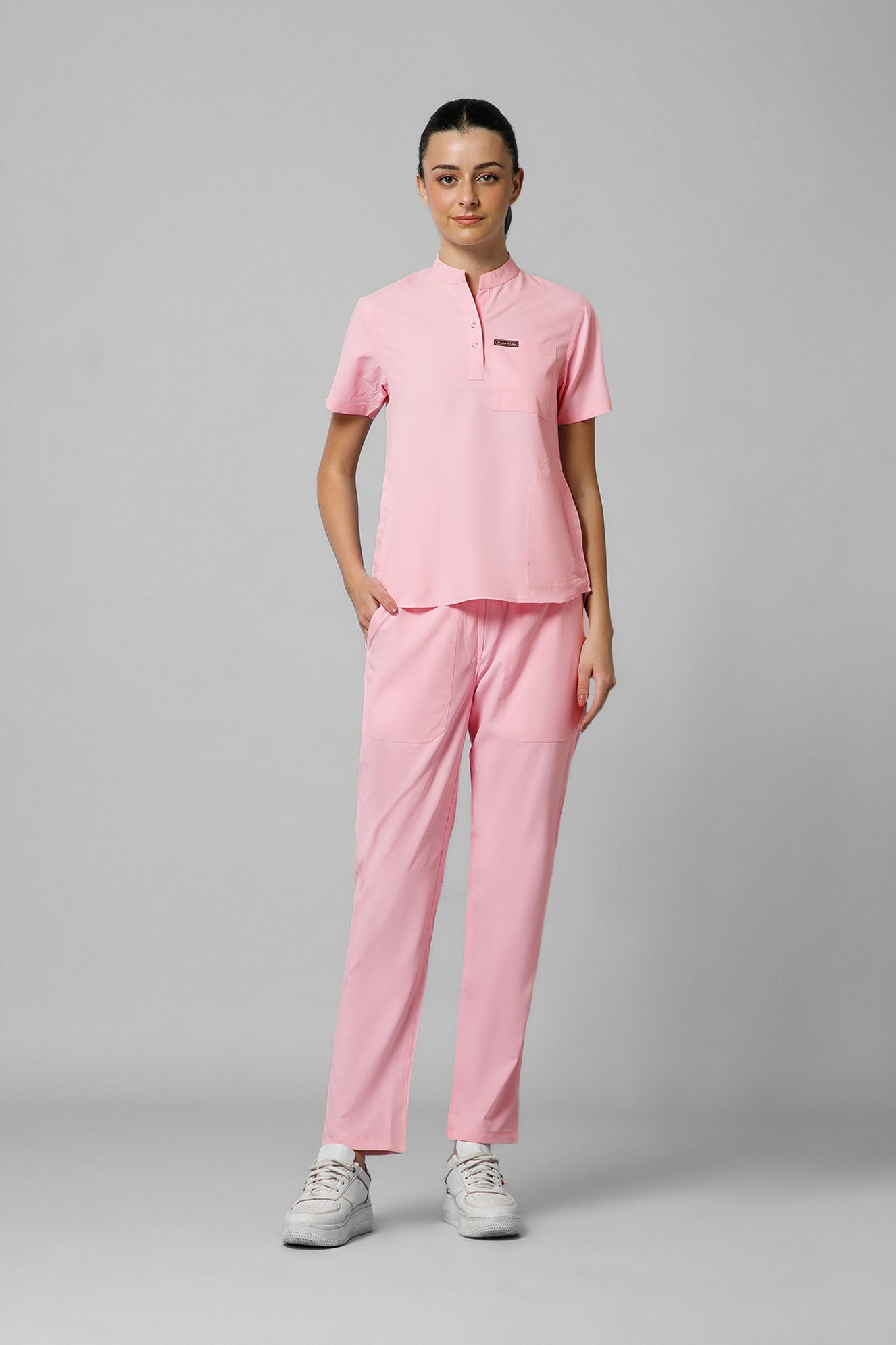 Women’s Mandarin Collar Scrub Suit (Pink) LFP Fabric