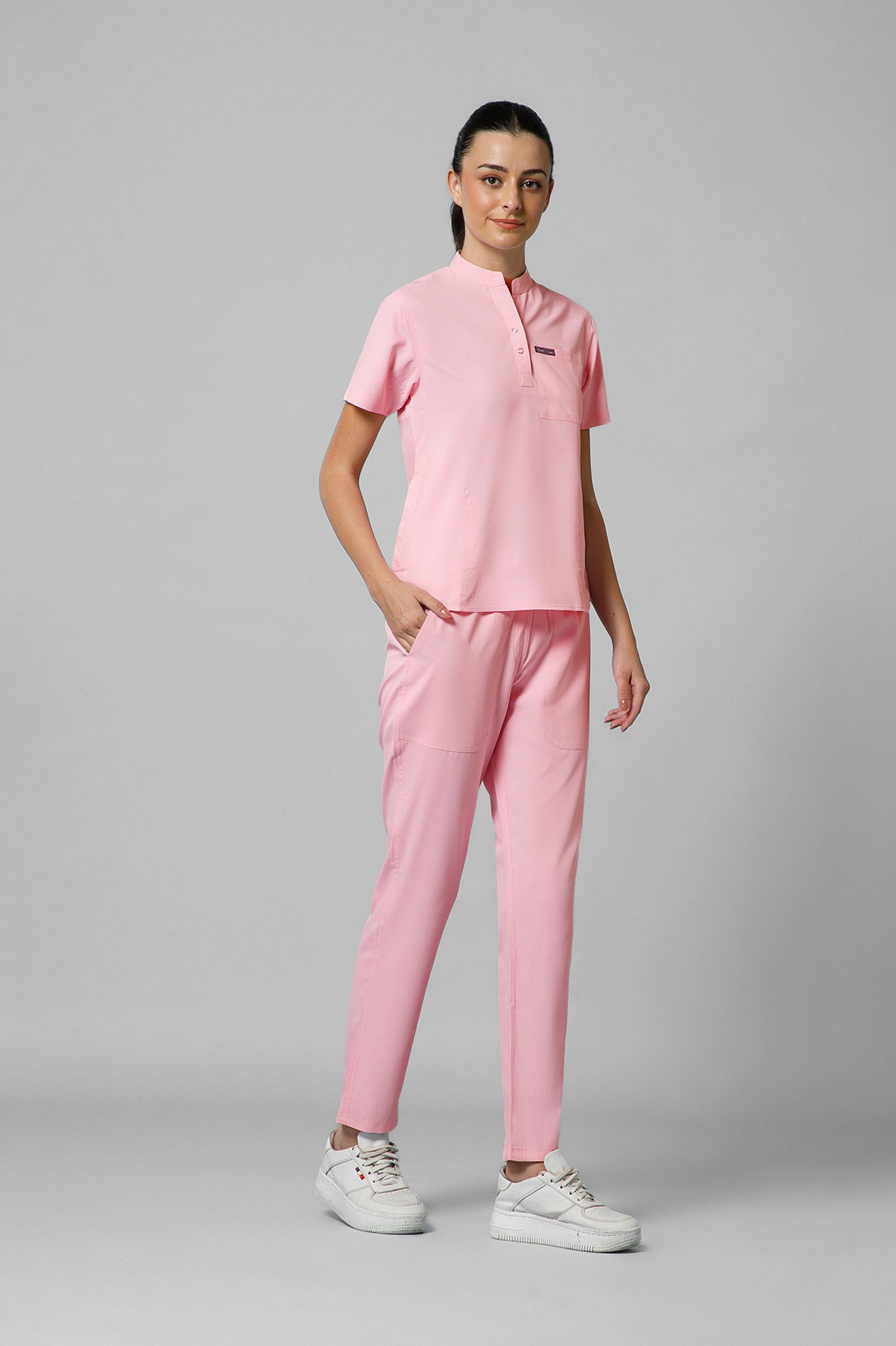 Women’s Mandarin Collar Scrub Suit (Pink) LFP Fabric