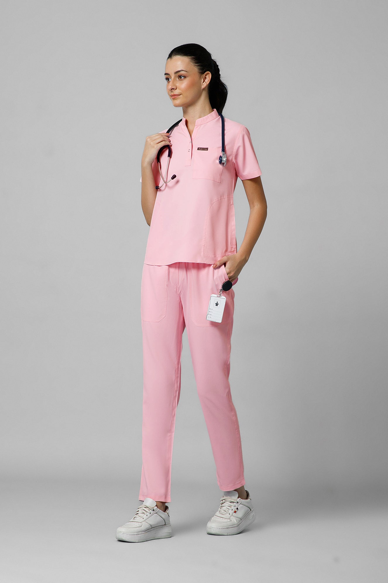 Women’s Mandarin Collar Scrub Suit (Pink) LFP Fabric