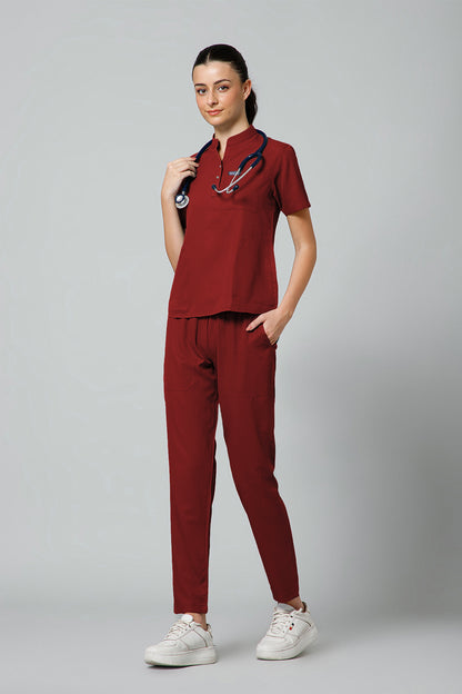 Women’s Mandarin Collar Scrub Suit (Red) LFP Fabric