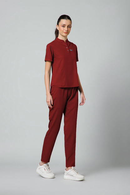Women’s Mandarin Collar Scrub Suit (Red) LFP Fabric