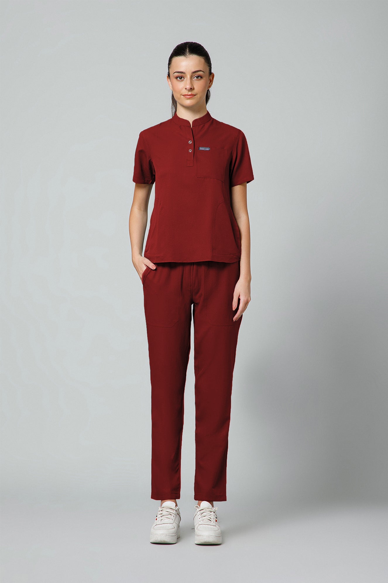 Women’s Mandarin Collar Scrub Suit (Red) LFP Fabric