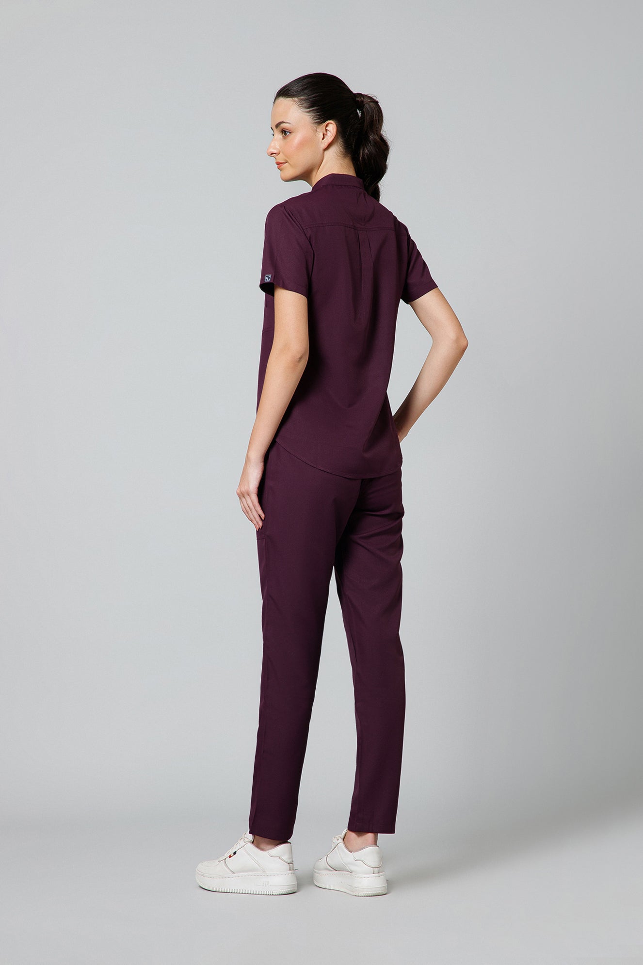 Women’s Mandarin Collar Scrub Suit (Wine) LFP Fabric