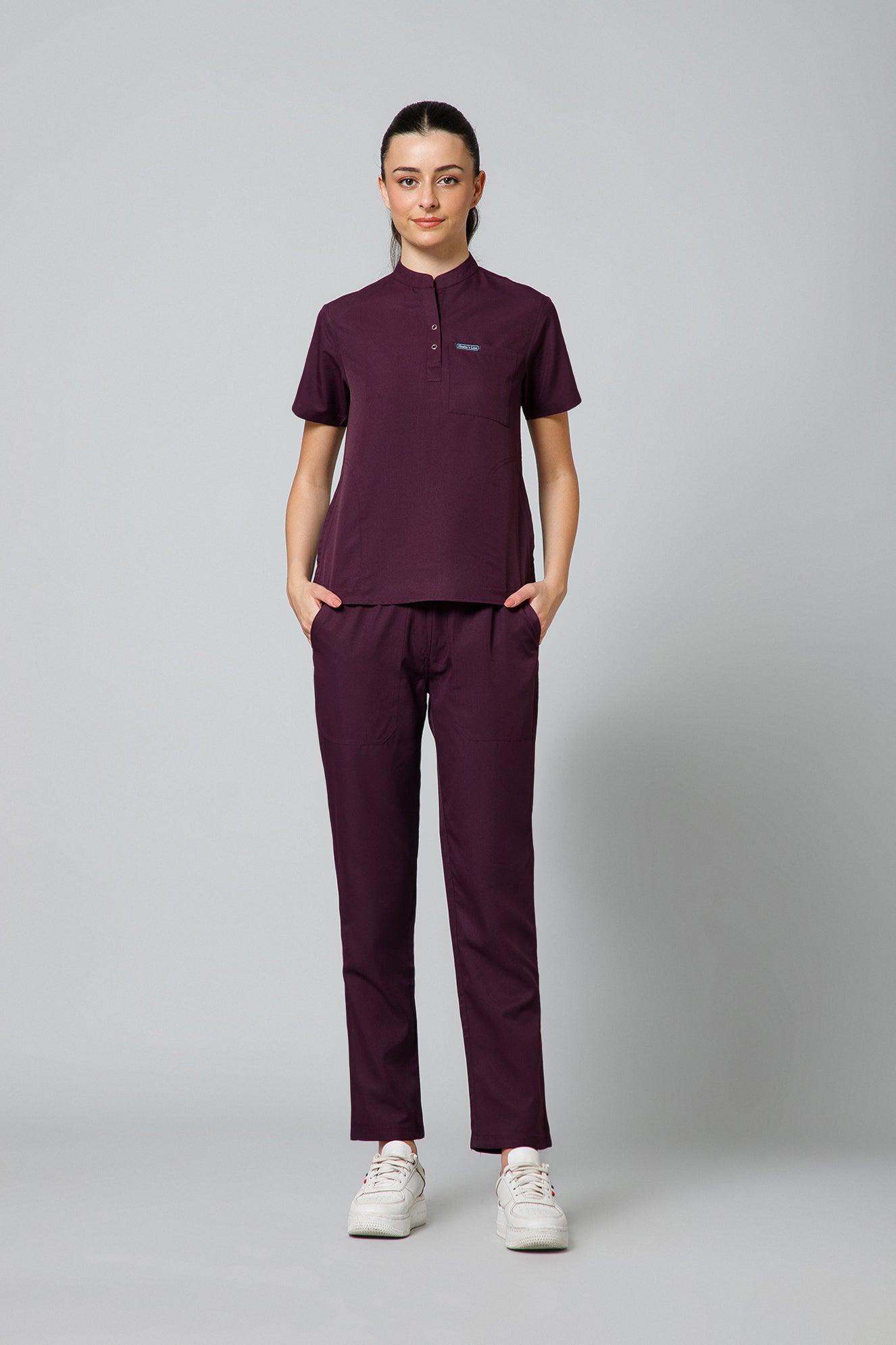 Women’s Mandarin Collar Scrub Suit (Wine) LFP Fabric
