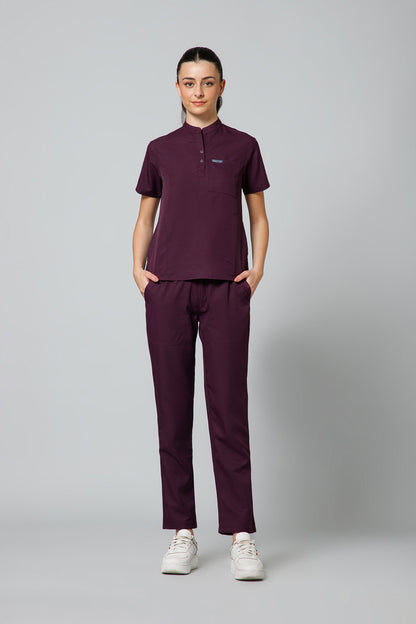 Women’s Mandarin Collar Scrub Suit (Wine) LFP Fabric