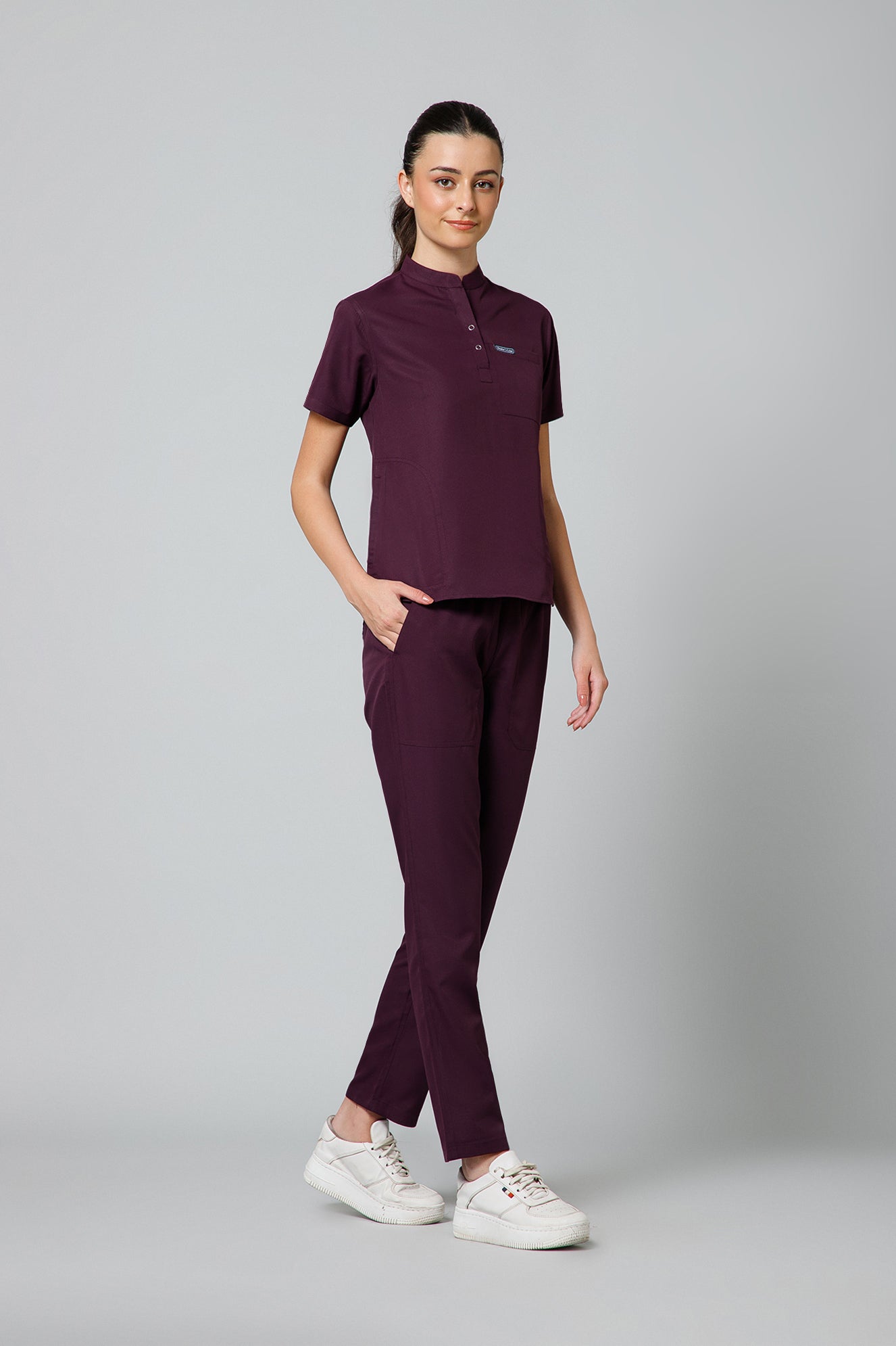Women’s Mandarin Collar Scrub Suit (Wine) LFP Fabric
