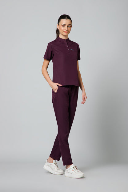 Women’s Mandarin Collar Scrub Suit (Wine) LFP Fabric