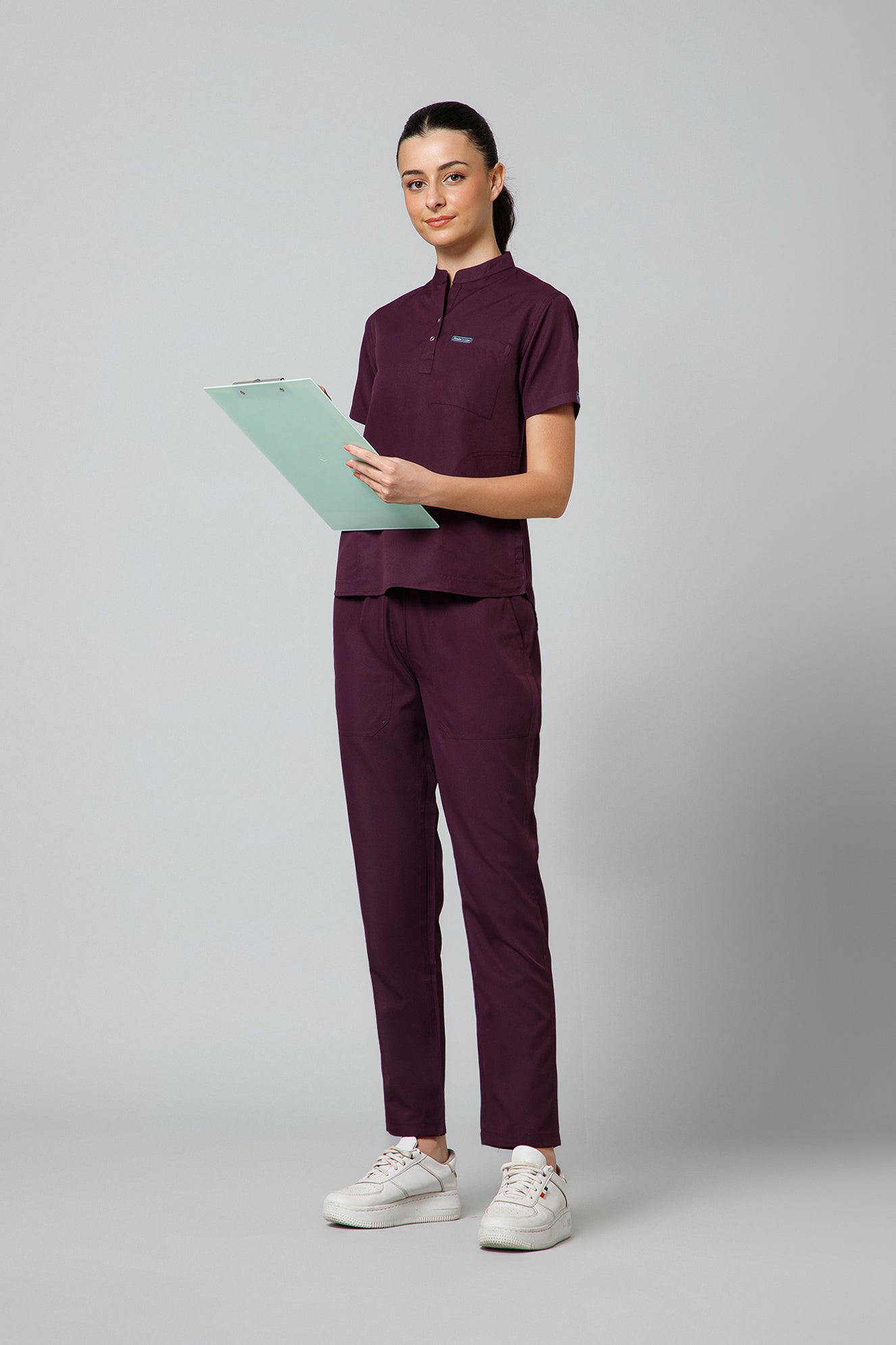 Women’s Mandarin Collar Scrub Suit (Wine) LFP Fabric