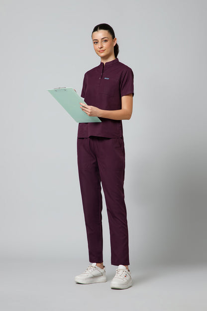 Women’s Mandarin Collar Scrub Suit (Wine) LFP Fabric