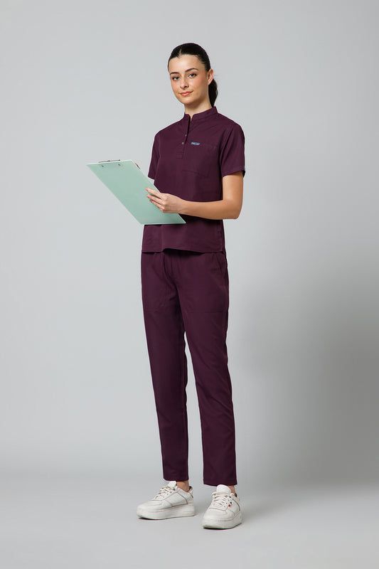 Women’s Mandarin Collar Scrub Suit (Wine) LFP Fabric