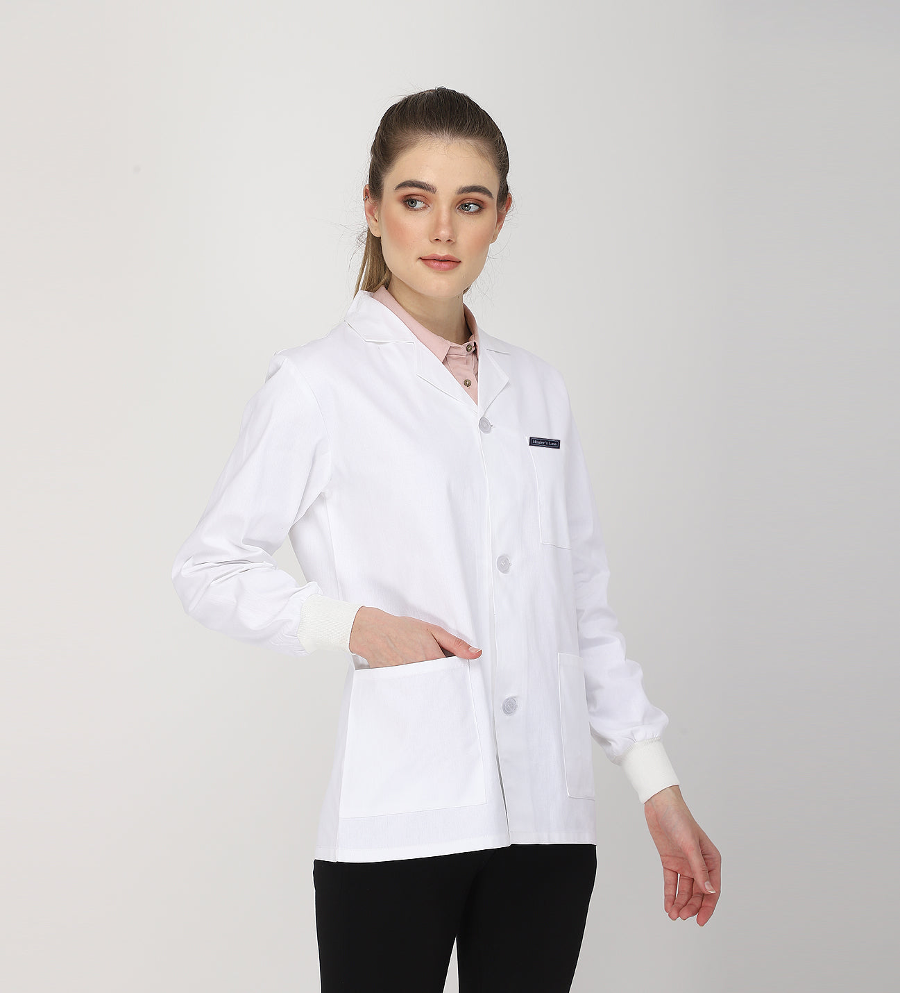 Healer's Line Women's Lab Coat (Button Closure) Full Sleeve with Knit Cuffs - Length 28"