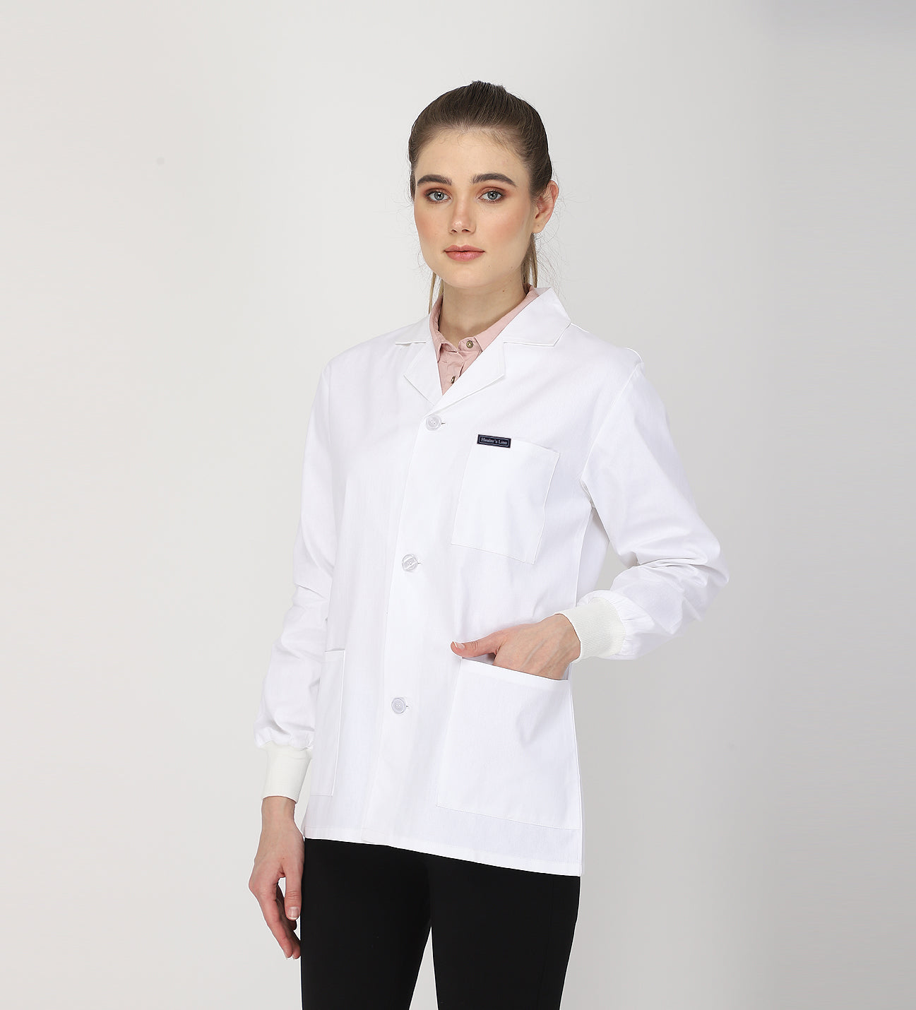 Healer's Line Women's Lab Coat (Button Closure) Full Sleeve with Knit Cuffs - Length 28"