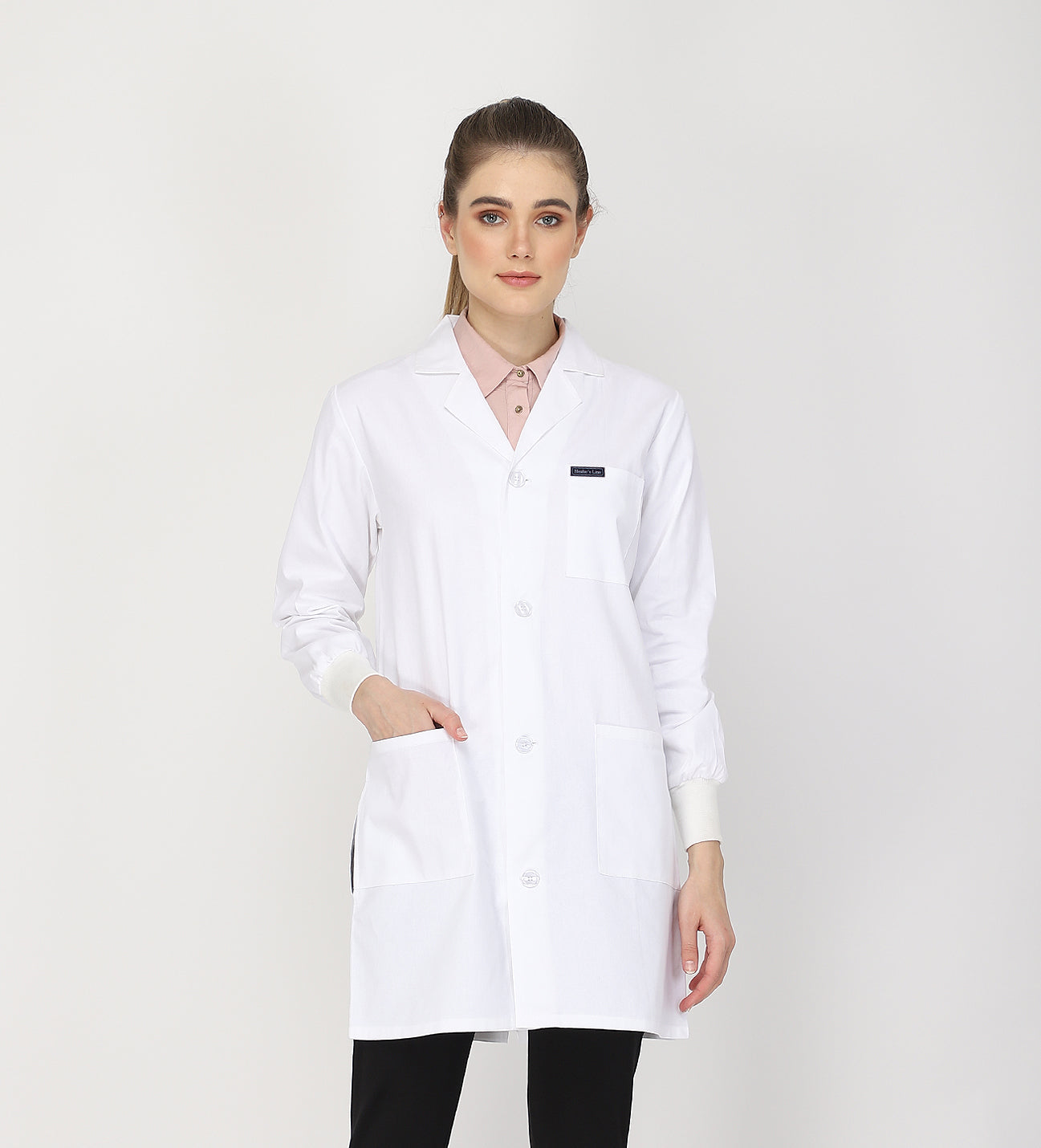Healer's Line Women's Lab Coat (Button Closure) Full Sleeve with Knit Cuffs - Length 35"