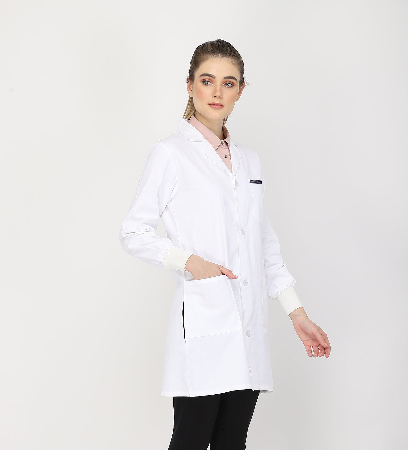 Healer's Line Women's Lab Coat (Button Closure) Full Sleeve with Knit Cuffs - Length 35"