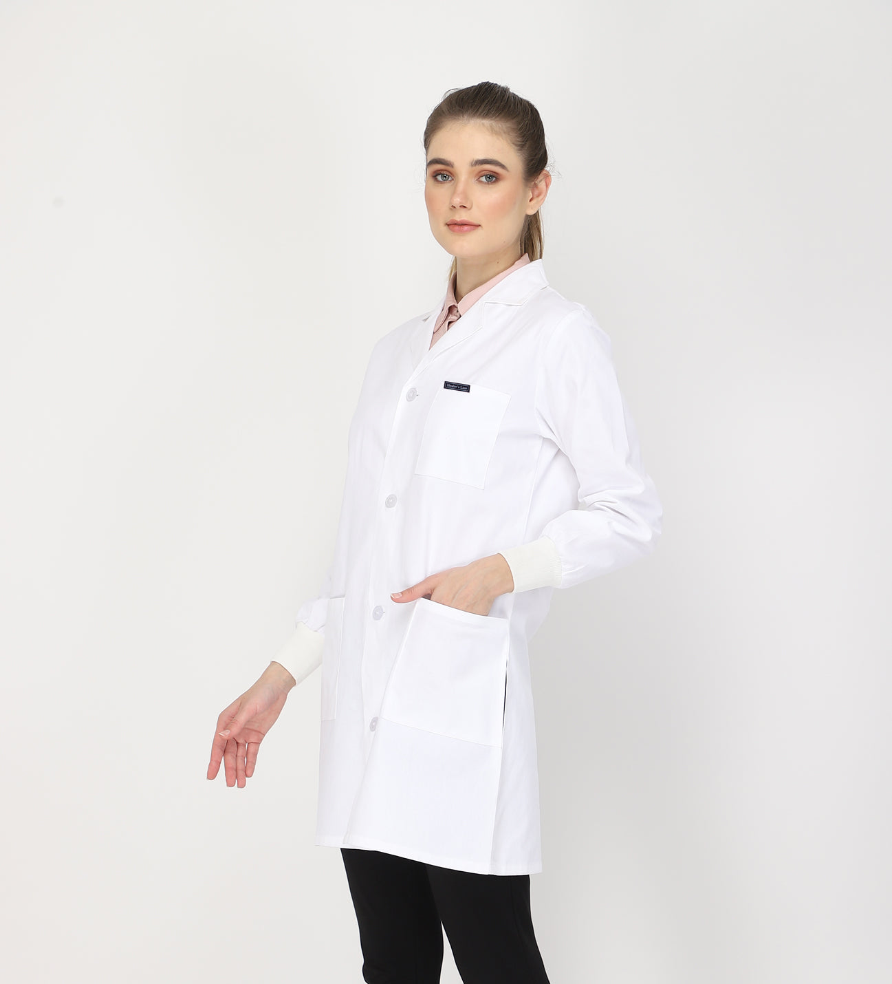 Healer's Line Women's Lab Coat (Button Closure) Full Sleeve with Knit Cuffs - Length 35"