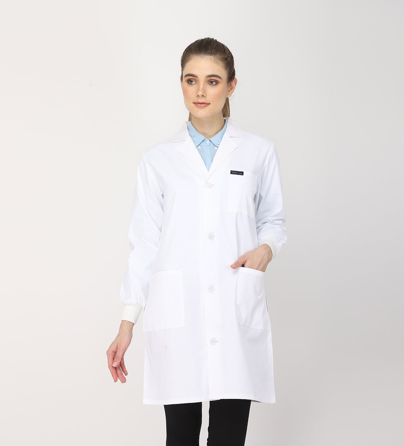 Healer's Line Women's Lab Coat (Button Closure) Full Sleeve with Knit Cuffs - Length 37"