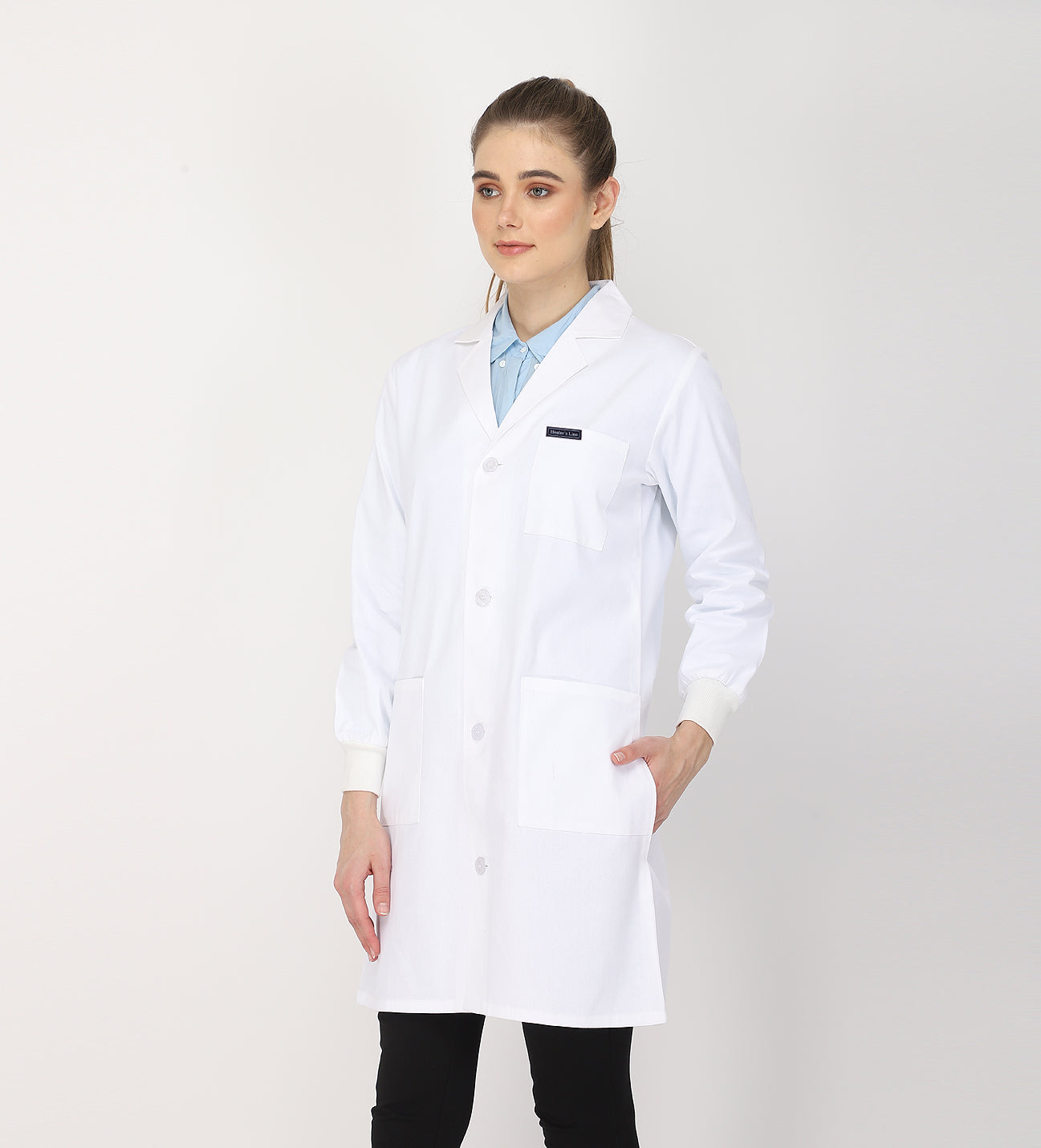 Healer's Line Women's Lab Coat (Button Closure) Full Sleeve with Knit Cuffs - Length 37"