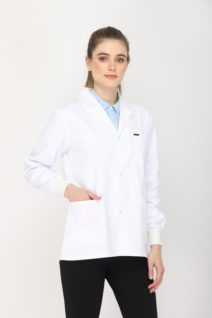 Women's Lab Coat Apron (Snap Closure) Full Sleeve with Knit Cuffs - Length 28"