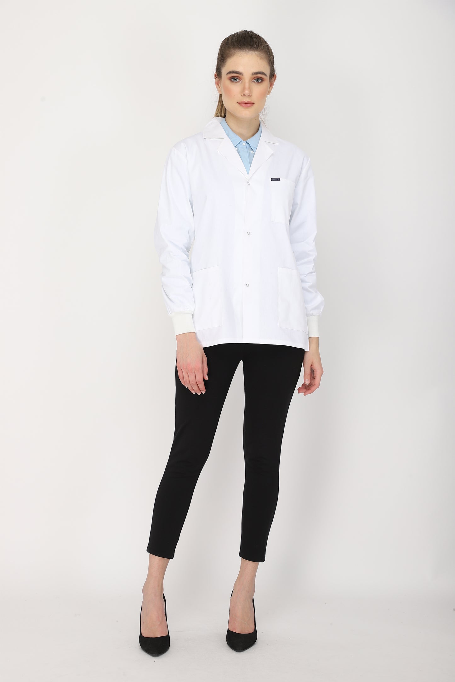 Women's Lab Coat Apron (Snap Closure) Full Sleeve with Knit Cuffs - Length 28"