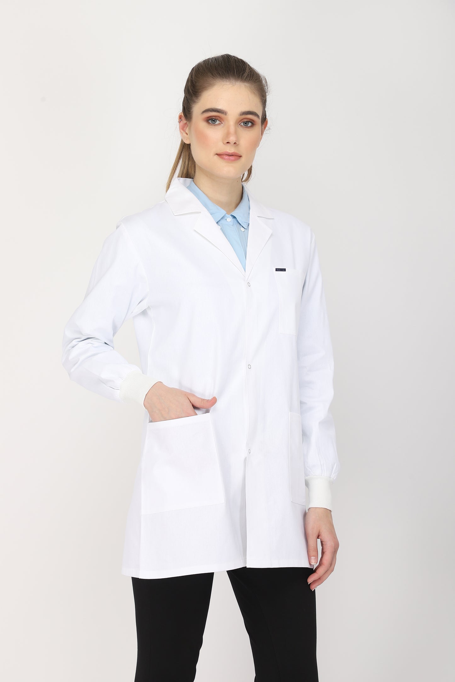 Women's Lab Coat Apron (Snap Closure) Full Sleeve with Knit Cuffs - Length 32"