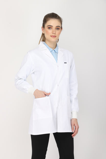 Women's Lab Coat Apron (Snap Closure) Full Sleeve with Knit Cuffs - Length 32"