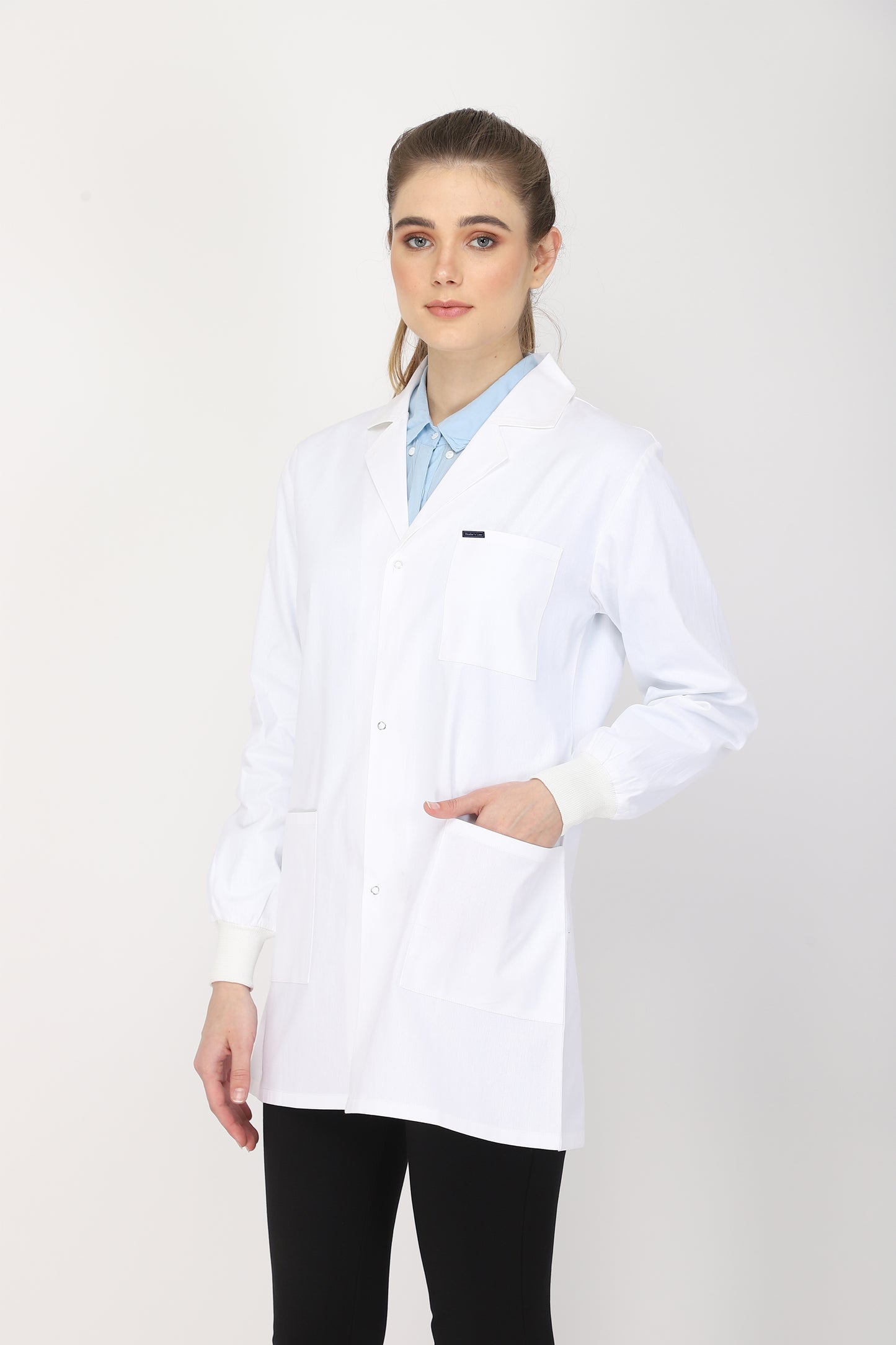 Women's Lab Coat Apron (Snap Closure) Full Sleeve with Knit Cuffs - Length 32"