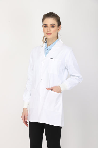 Women's Lab Coat Apron (Snap Closure) Full Sleeve with Knit Cuffs - Length 32"