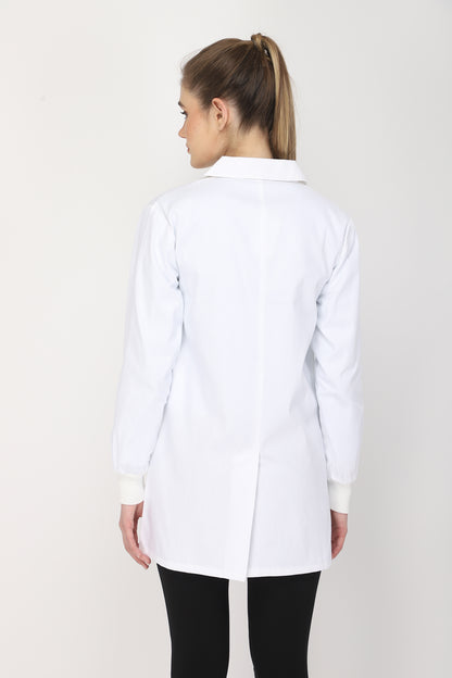 Women's Lab Coat Apron (Snap Closure) Full Sleeve with Knit Cuffs - Length 32"